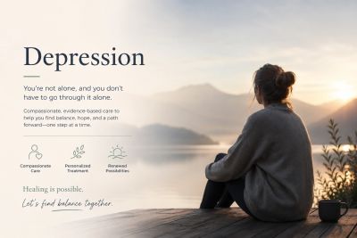 A person sits by a lake at sunset, reflecting on depression and healing.