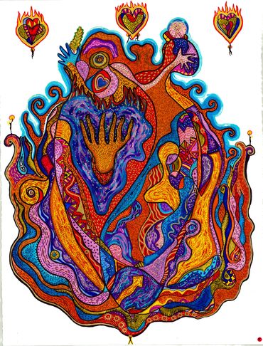“ the hand with 6 fingers “ MIxed media on paper 28 by 24 inches , Burning Man Center Camp ,BRC 2