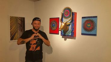 “ Golden Bull “ Objects and paint art install Art show at MERc Studios 2017 Flying KIte for Haiti