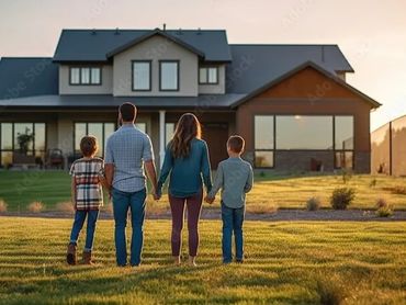 A family of four holding hands, facing a large modern house at sunset.