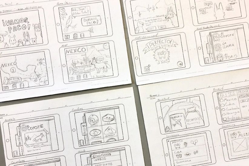 Paper prototype for an app that teaches kids about Spanish culture, language & geography