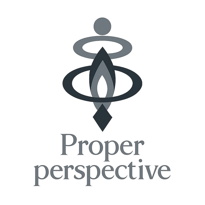 Abstract logo with geometric shapes and text 'Proper perspective'.