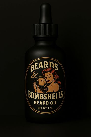 Black beard oil bottle labeled 'Beards & Bombshells' with vintage couple illustration.