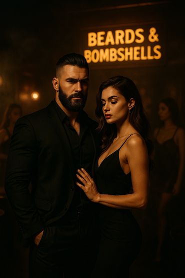 A stylish couple poses in black attire under a neon sign reading 'Beards & Bombshells'.