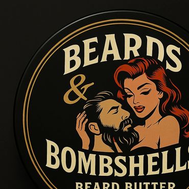Vintage-style label for Beards & Bombshells beard butter with a man and woman illustration.
