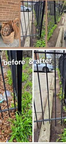 Leaves and debris before and after being swept up