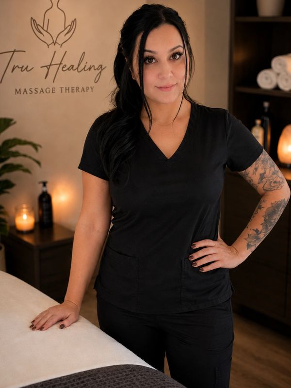 Confident massage therapist posing in a serene spa environment.