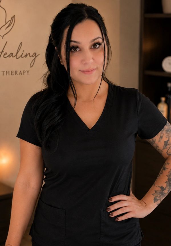Confident massage therapist posing in a serene spa environment.