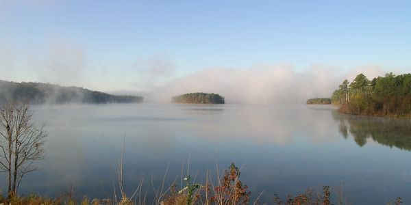 lake body of water fog pine trees blue sky; In my mind I'm gone to carolina james taylor quote nc