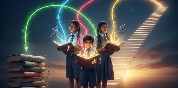 Three schoolchildren with glowing books and colorful pathways leading to knowledge and success.