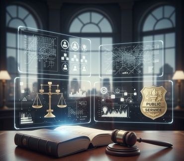 Legal and public service concept with gavel, book, and holographic data displays.