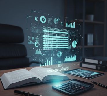 Workspace with financial data hologram, open book, calculator, and tablet.