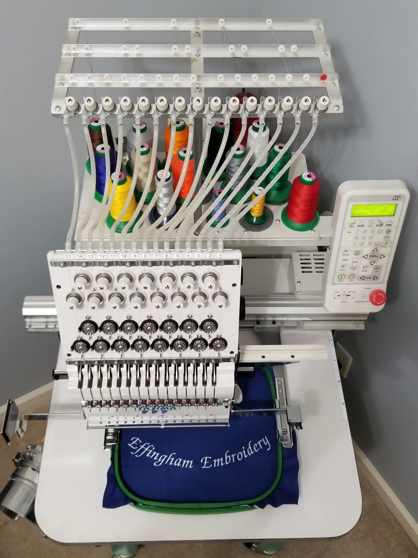 Effingham Embroidery is equipped with a 15 needle Tajima embroidery machine.