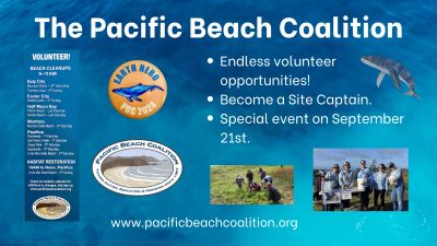 Pacific Beach Coalition volunteer opportunities and event announcement.