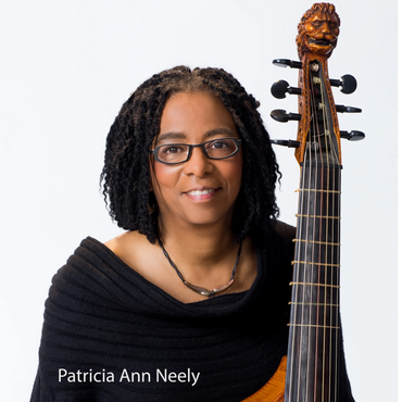 Portrait of a woman with glasses holding a stringed instrument with a carved lion head.