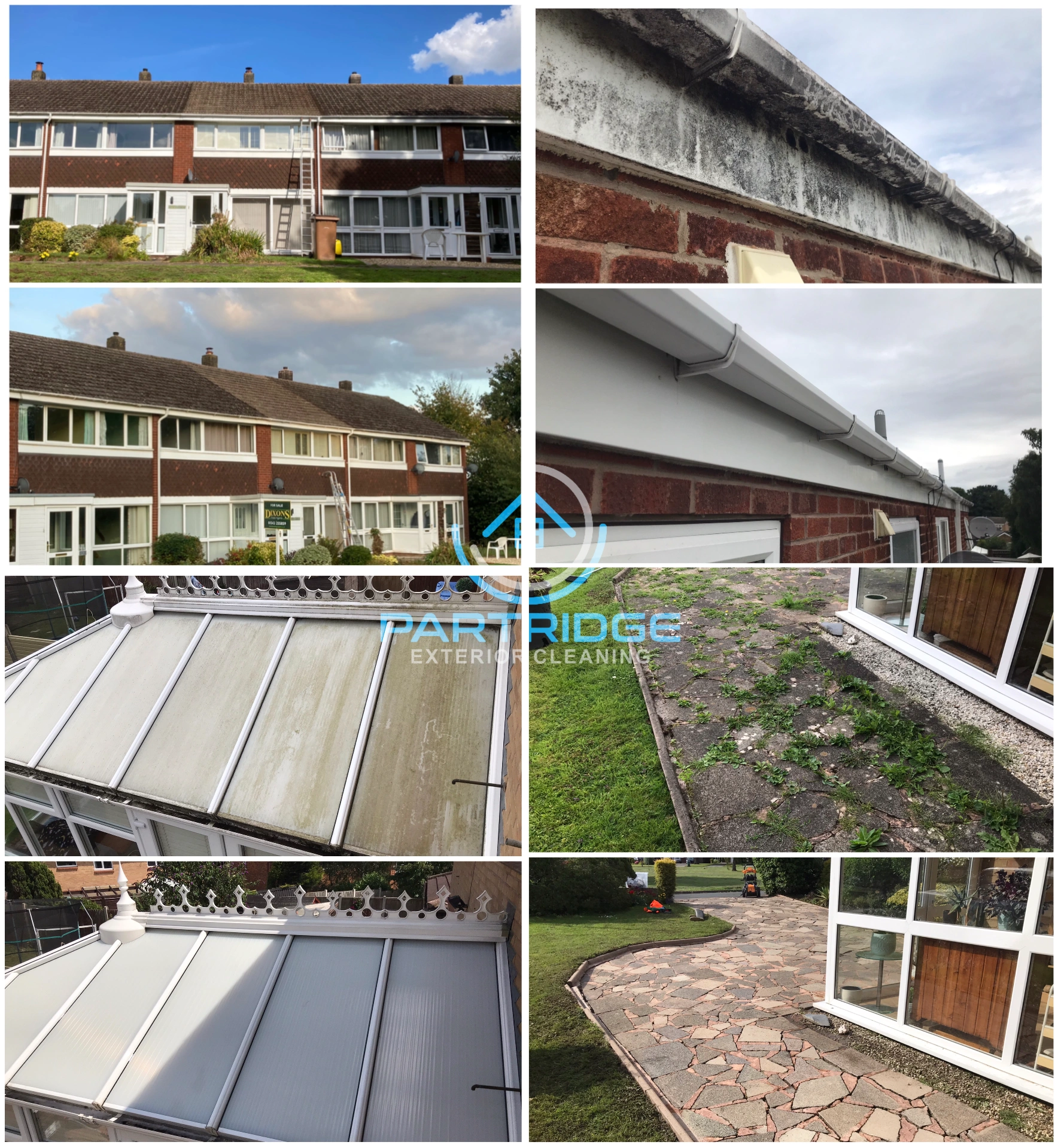 Photos show before and after of roof, gutter and driveway cleaning in the Midlands.
