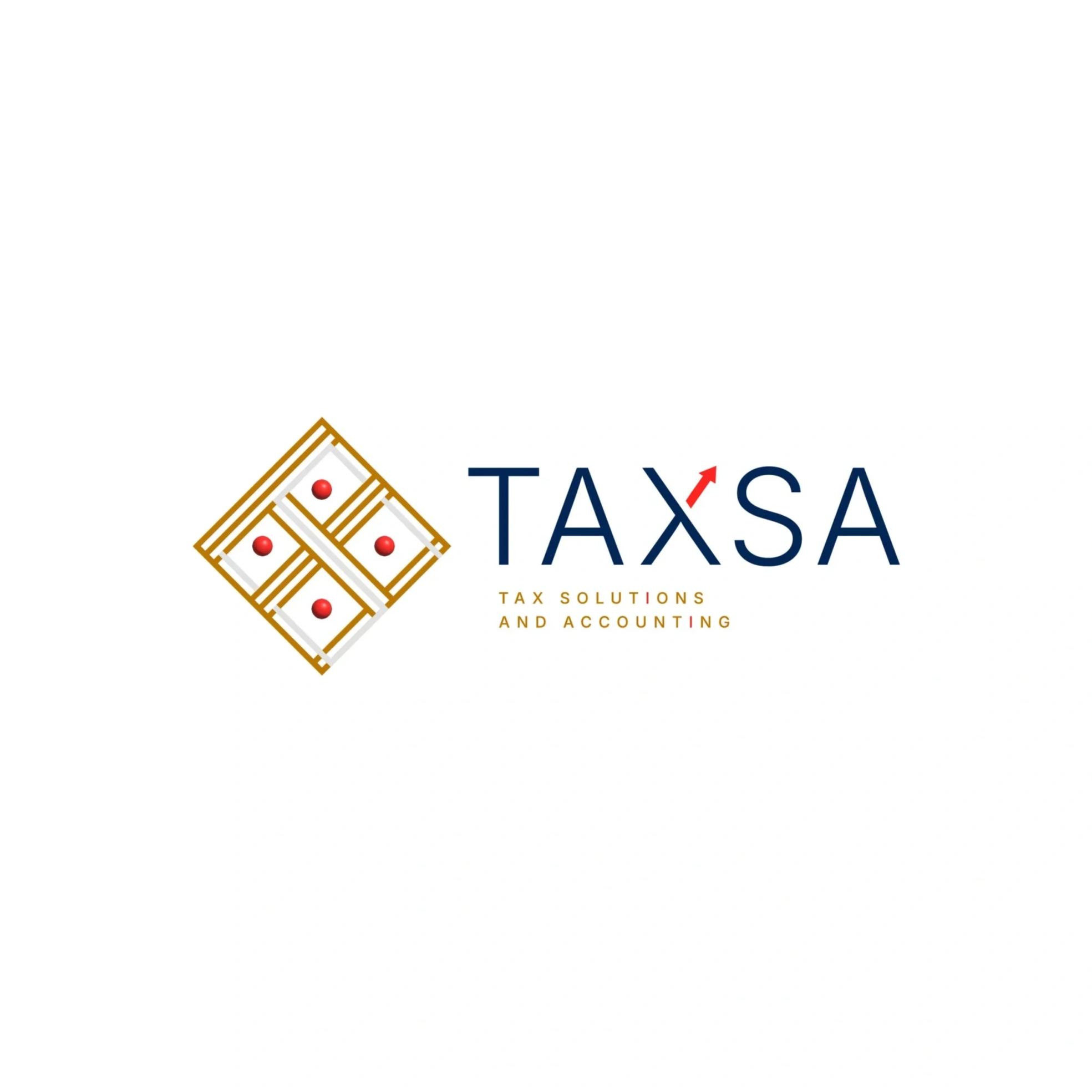Logo de TAXSA con dominós y texto financiero.