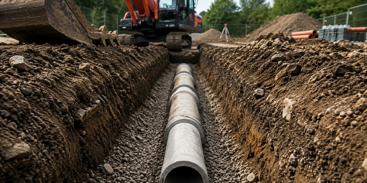 Excavator laying a concrete pipe in a trench at a construction site.