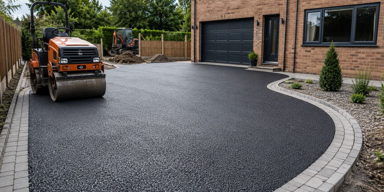Freshly paved asphalt driveway with a road roller parked on it beside a modern brick house.