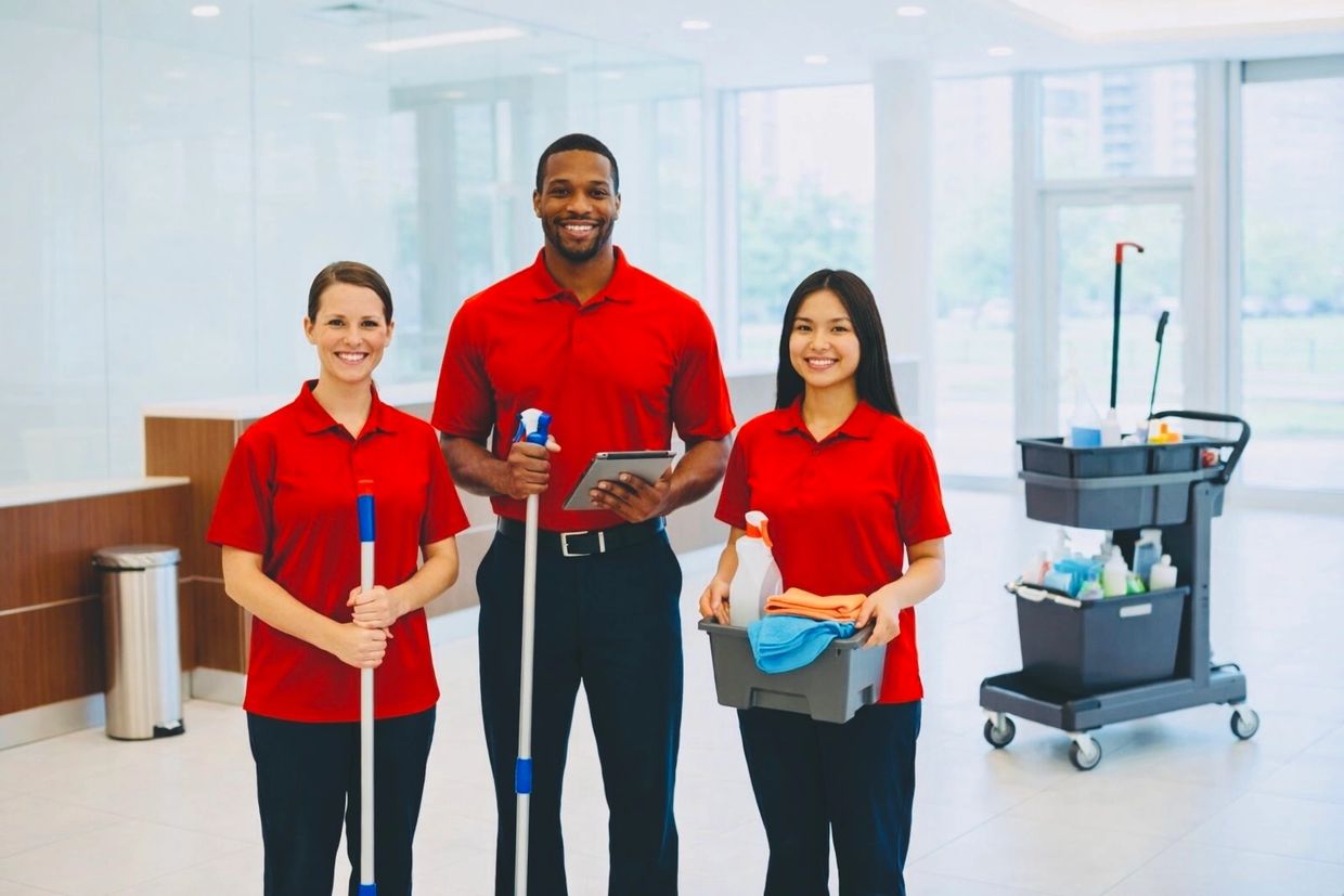 Refresh Janitorial Service team of 3 holding cleaning equipment