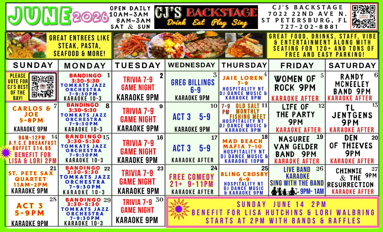 CJ's Backstage St Petersburg, FL Calendar of events