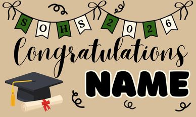 Graduation banner with cap, diploma, and customizable name.