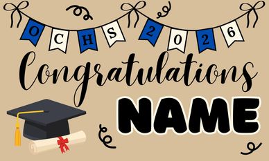 Graduation banner with "Congratulations" and space for a name, featuring a cap and diploma.