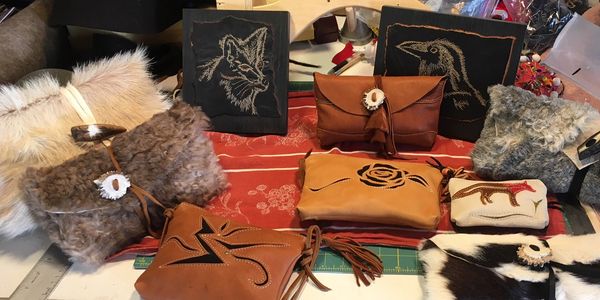 Leather pouches, hide pouches, hide clutch, hair on hide clutch, fox pouch, raven, 2NFrom studio, all designed and hand crafted by Carol Frechette
