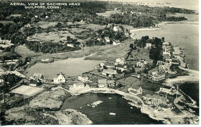 Aerial black-and-white view of Sachems Head, Guilford, Connecticut.