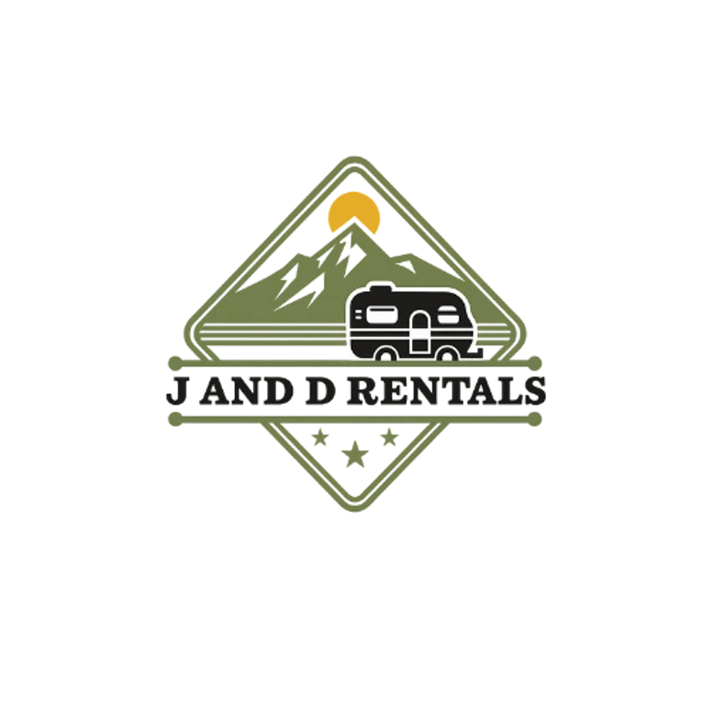 Logo of J and D Rentals featuring mountains, sun, and a camper trailer.