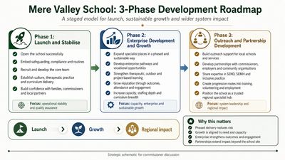 MVS development: establish the school, grow enterprise, then extend partnerships and progression.
