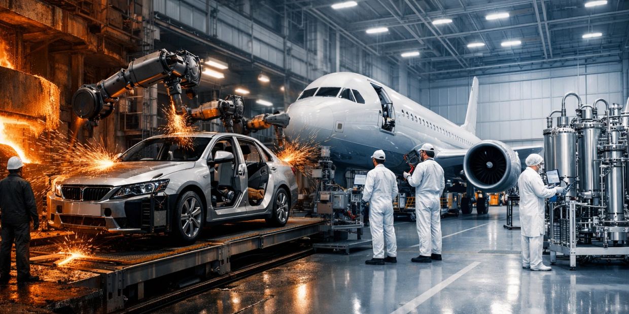 Robotic arms assembling a car and workers inspecting an airplane in a large industrial hangar.