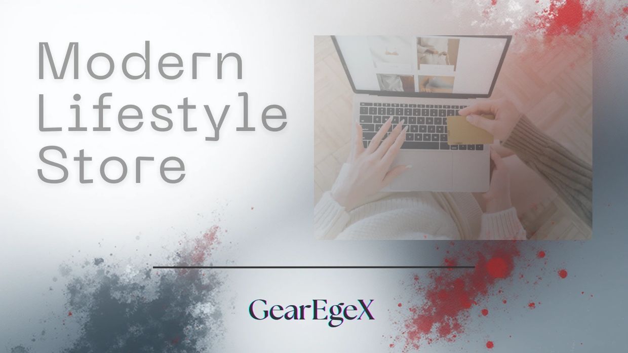 Shopping online at GearEgeX , and the logo in a modern design with gray, blue, and red tones.