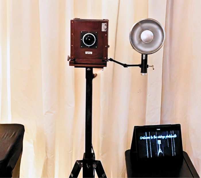 Vintage photo booth camera setup at wedding – 1920s style photobooth Scotland
