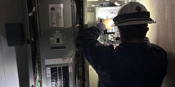 Electrician working on an electrical panel wearing a helmet.