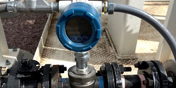 Industrial flow meter installed on pipeline outdoors.