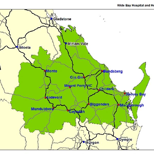 Map highlighting Wide Bay Hospital and Health Service region with key towns marked.