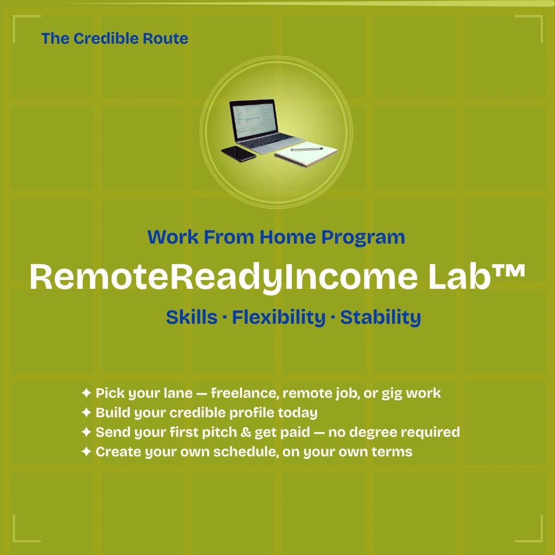 Promotional image for RemoteReadyIncome Lab™, a work-from-home program emphasizing skills, flexibility, and stability.