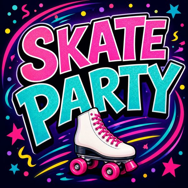 Colorful skate party graphic with roller skate and vibrant text.