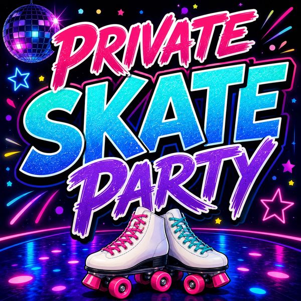 Colorful poster for a private skate party with roller skates and disco lights.