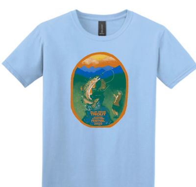 Light blue T-shirt with a colorful fishing festival design featuring a trout and fishermen.