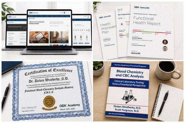 Collage of health software interface, reports, certificate, and medical book.