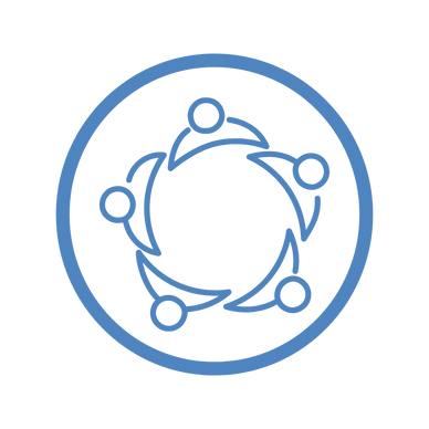 Blue icon of five people holding hands in a circle.