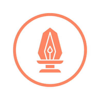 Orange stylized flame inside a circle on black background.