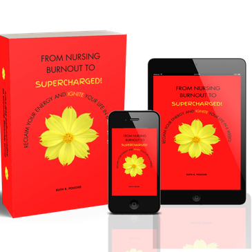 Book cover titled 'From Nursing Burnout to Supercharged!' with a yellow flower on a red background.
