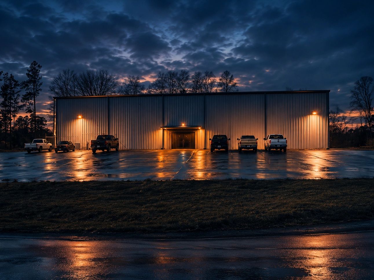 Warehouse illuminated by warm lights at dusk with parked vehicles.