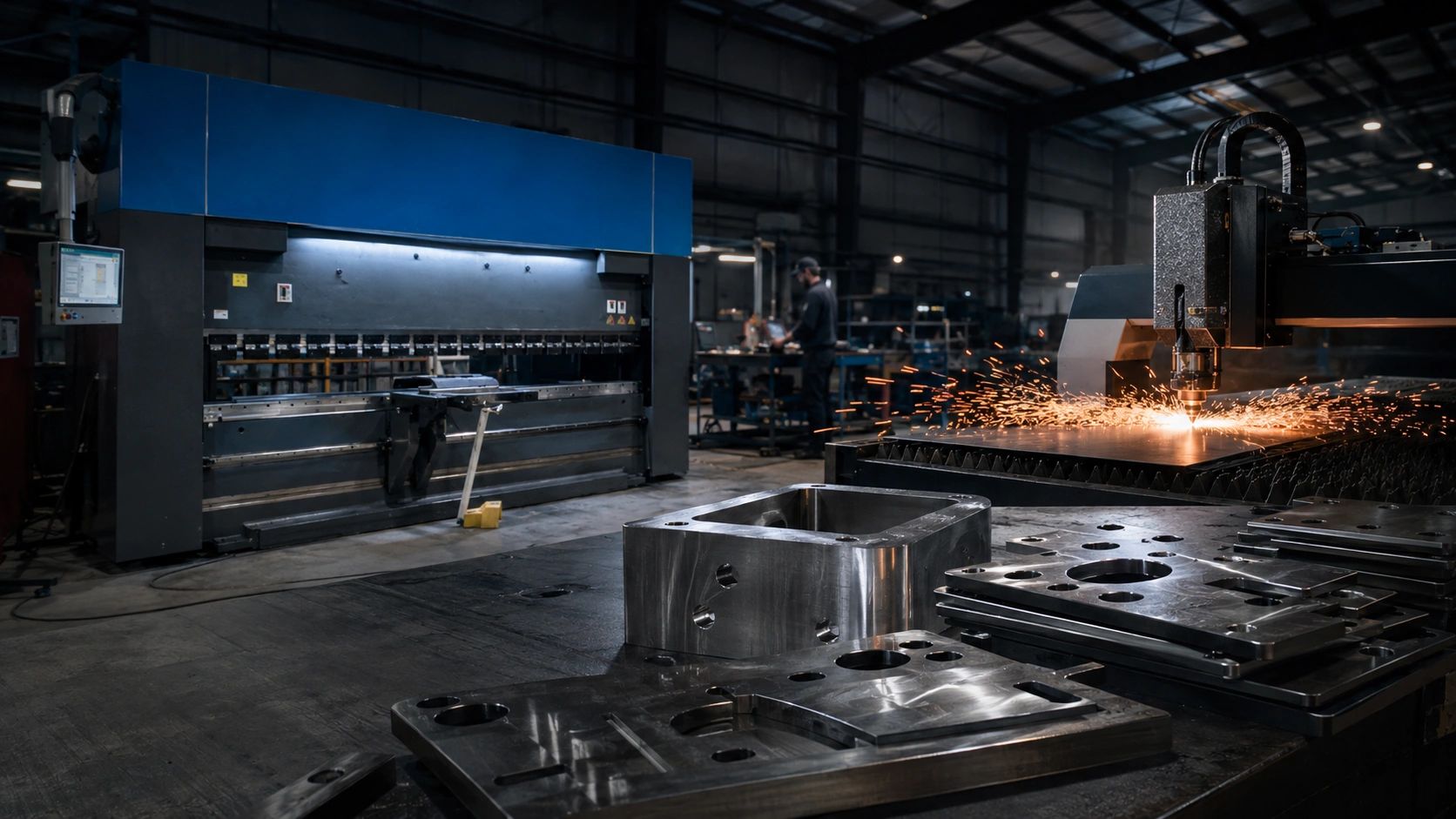 Industrial metalwork with sparks flying from a cutting machine.