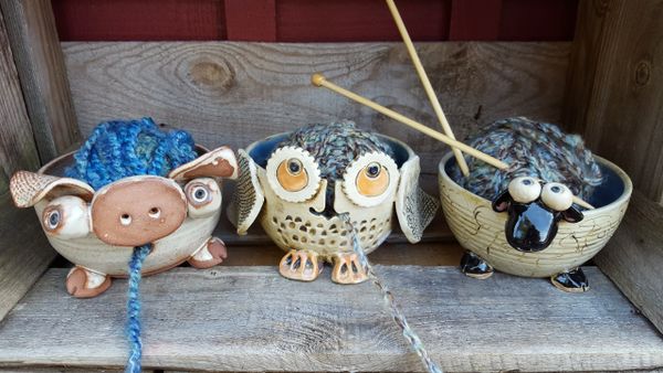 Pig, owl and sheep yarn bowl.