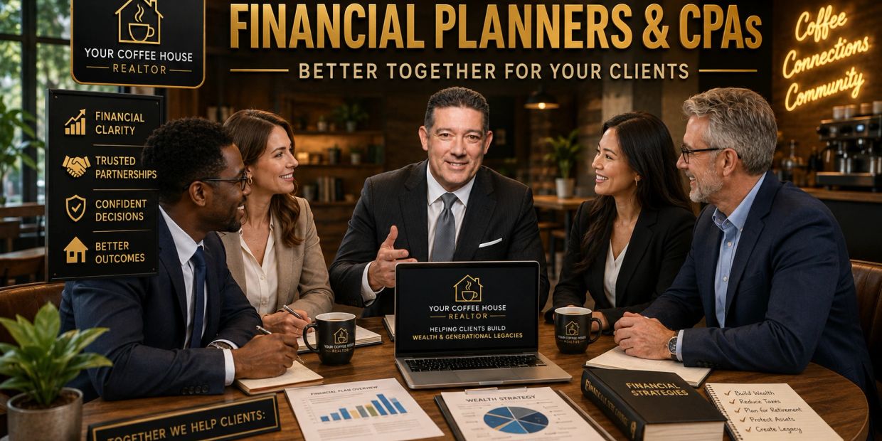 Diverse professionals discussing financial planning over coffee.