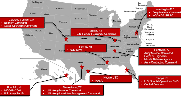 Map of the USA showing the multiple locations we are located